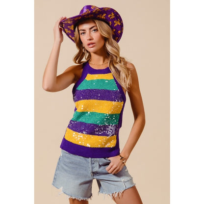 Mardi Gras Color Wide Stripe Clear Sequins Sweater