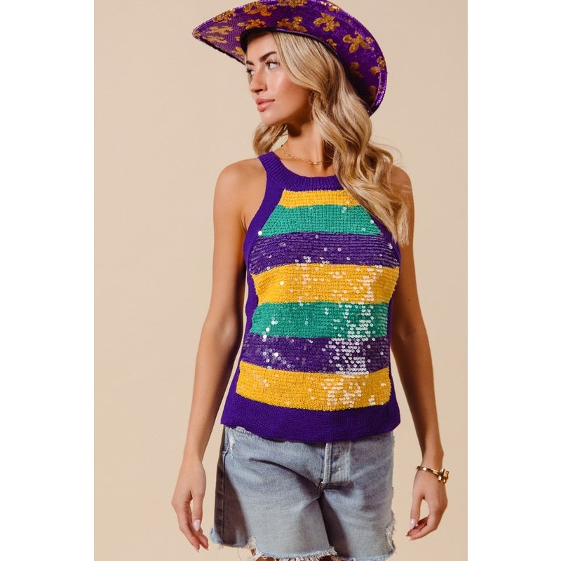 Mardi Gras Color Wide Stripe Clear Sequins Sweater