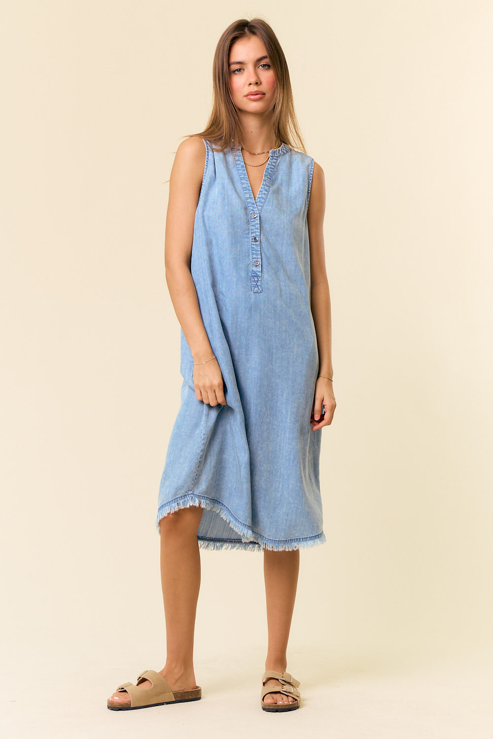 Tencel Denim Knee Length Sleeveless Henley Dress