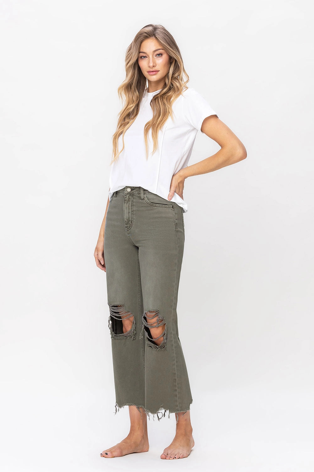 90's Vintage High Rise Crop Flare Jean | Green