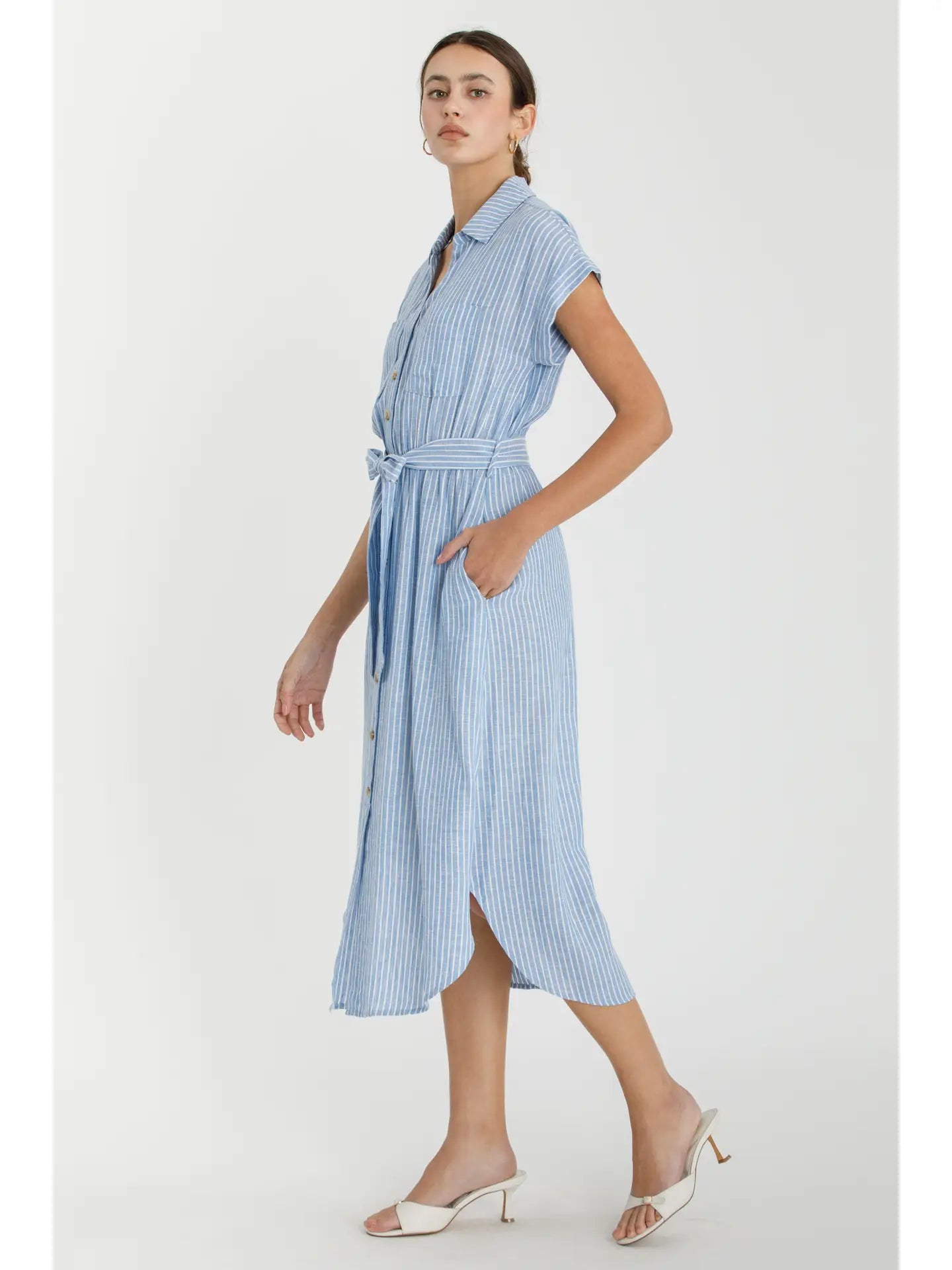 Striped Utility Style Shirt Dress W Waist Tie