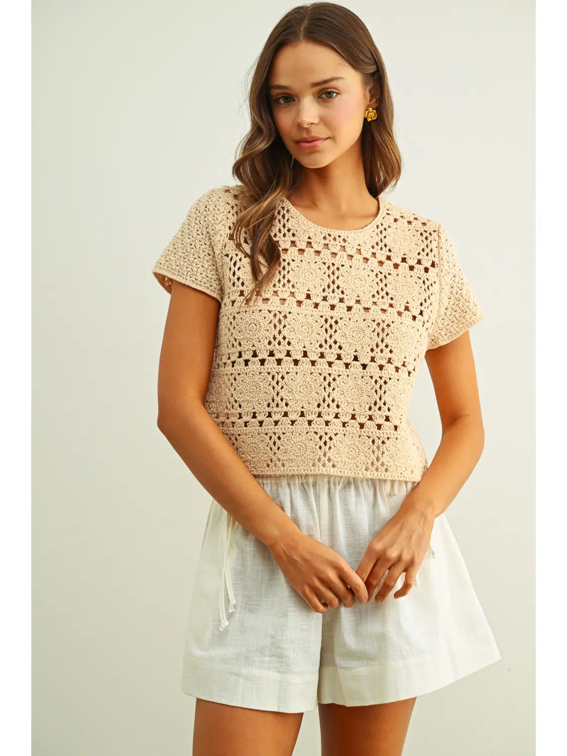 T6912 Floral Crochet Knite Cap Sleeve Top