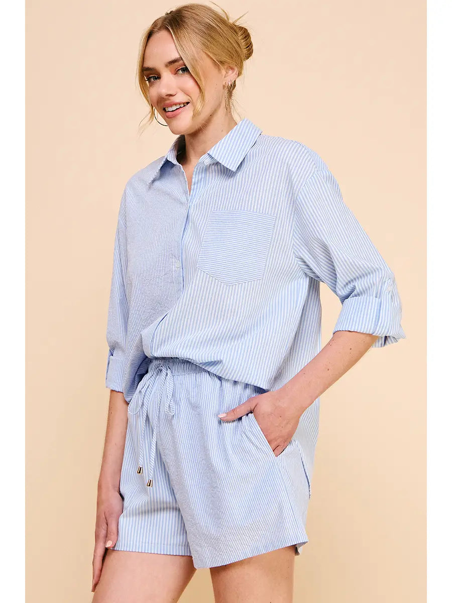 Twin Stripe Cotton Blend Button Up