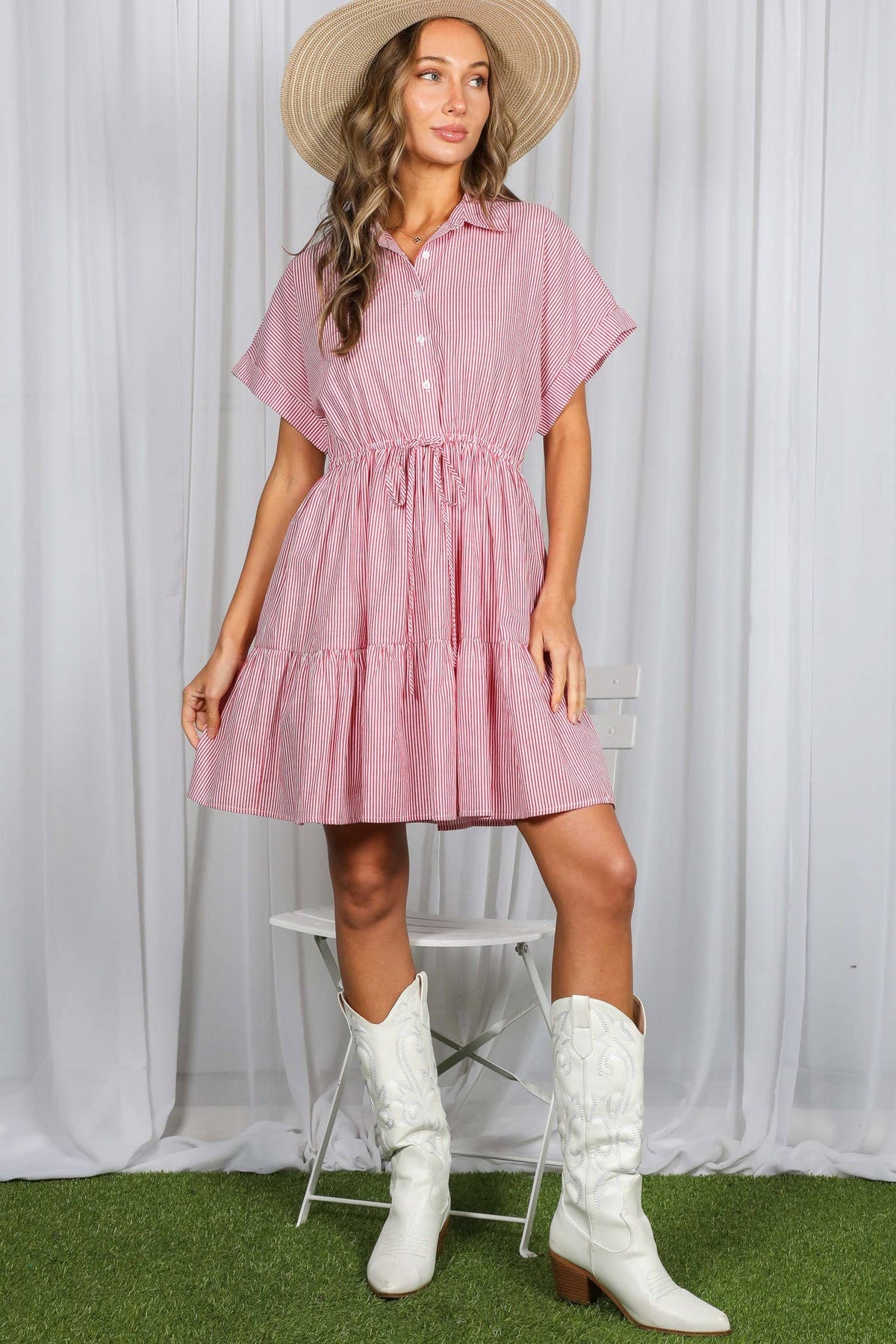 Striped Short Roll-Up Sleeve Casual Dress