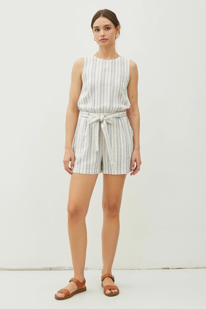 Linen Blend Belted Striped Romper