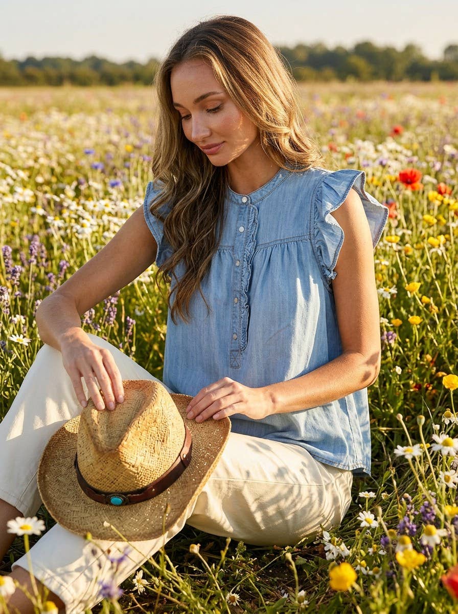 Ruffle Accent Short Sleeve Chambray Denim Top