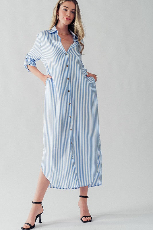 Elsie Polyester Stripe Long Shirt Dress