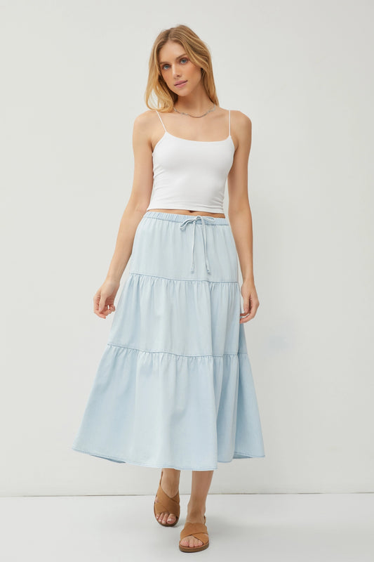 Chambray Pull On Tiered Midi Skirt