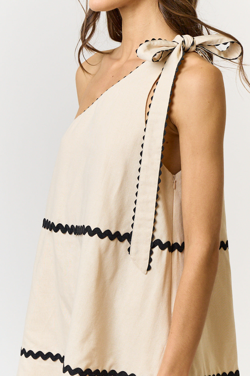 Linen Scalloped One Shoulder Babydoll Dress