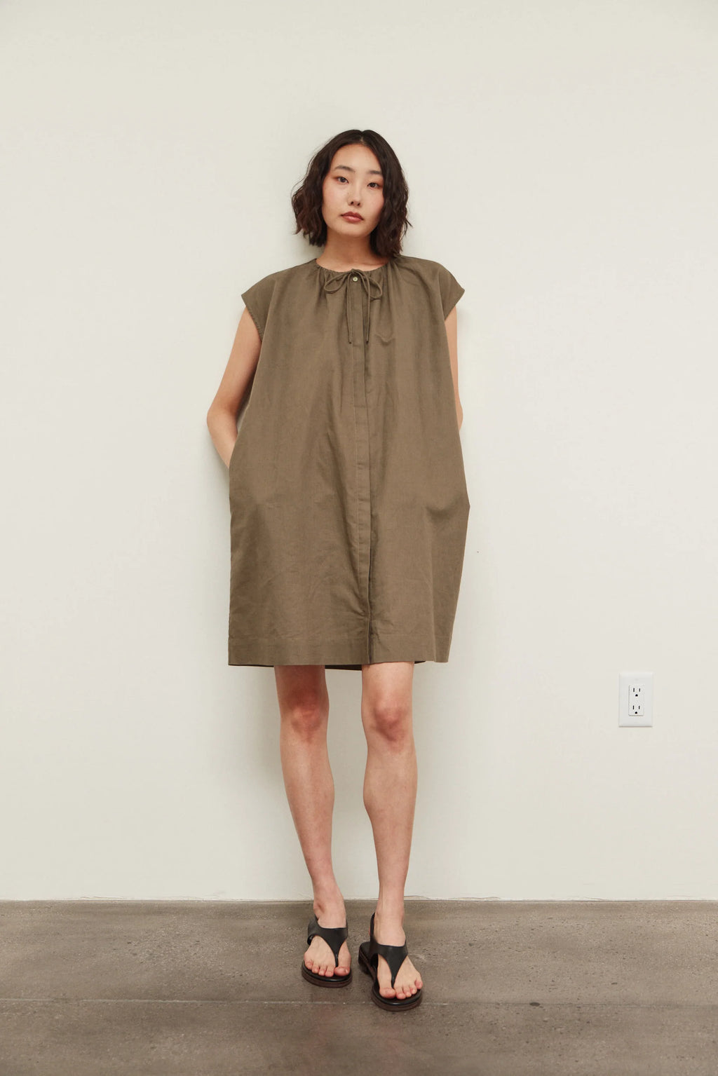 Drawstring Neckline Sleeveless Mini Dress