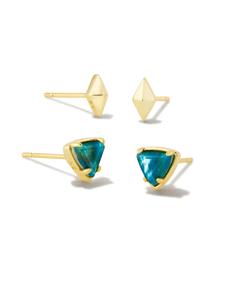 Greta Stud Earrings Set | Gold & Teal Abalone