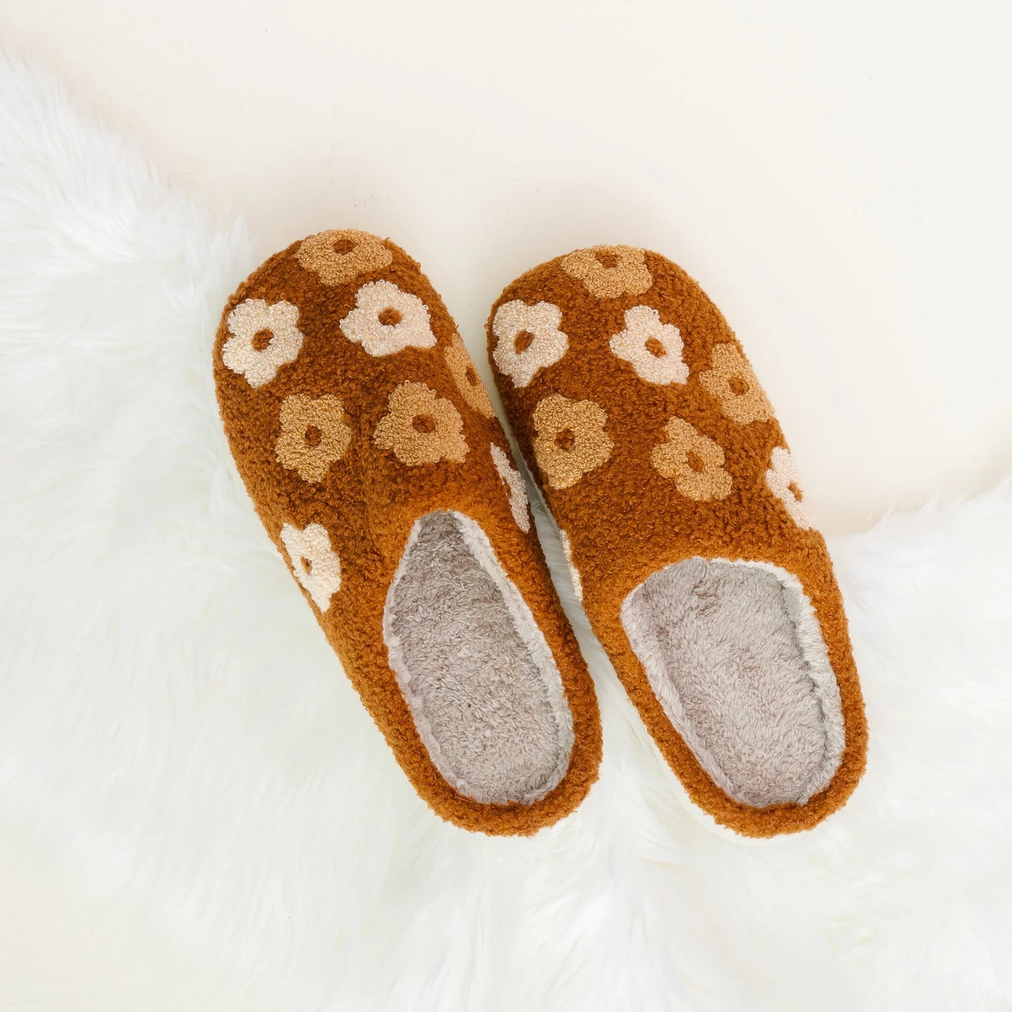 Fuzzy Slippers | Brown Flower