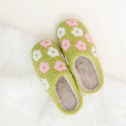 Fuzzy Slippers | Green Flower