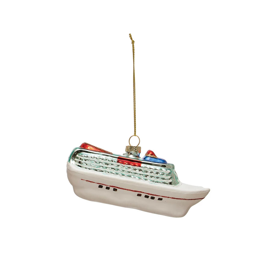 Hand-Painted Glass Cruise Ship Ornament w/ Glitter