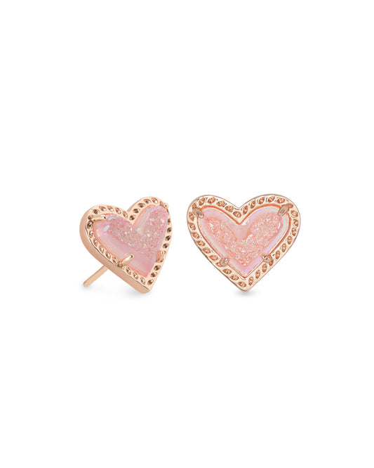 Ari Heart Rose Gold Earrings In Light Pink Drusy