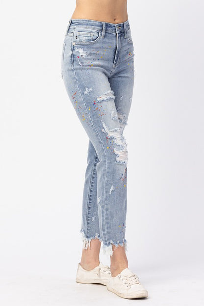 Destroyed Multi-Color Paint Splatter Boyfriend Jean