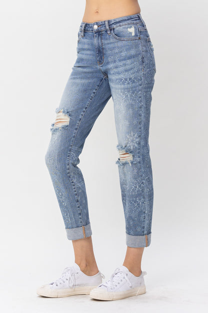 Plus | Destroyed & Paisley Print Boyfriend Jeans