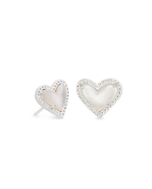 Ari Heart Silver Stud Earrings In Ivory Mother-Of-Pearl