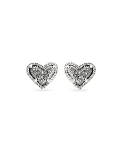 Ari Heart Silver Stud Earrings In Platinum Drusy