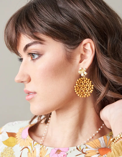 Wood Bead Flower Earrings Natural