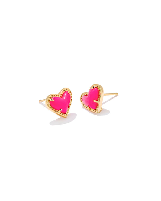 Ari Heart Stud Earrings | Neon Pink & Gold
