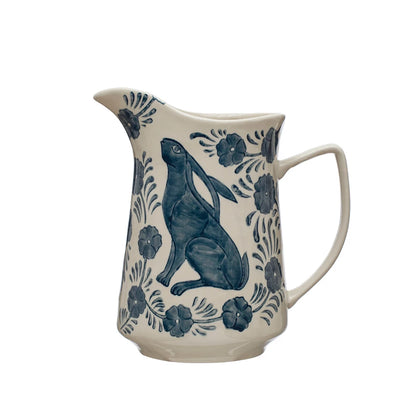 Hand-Painted Pitcher w/ Rabbit & Flowers