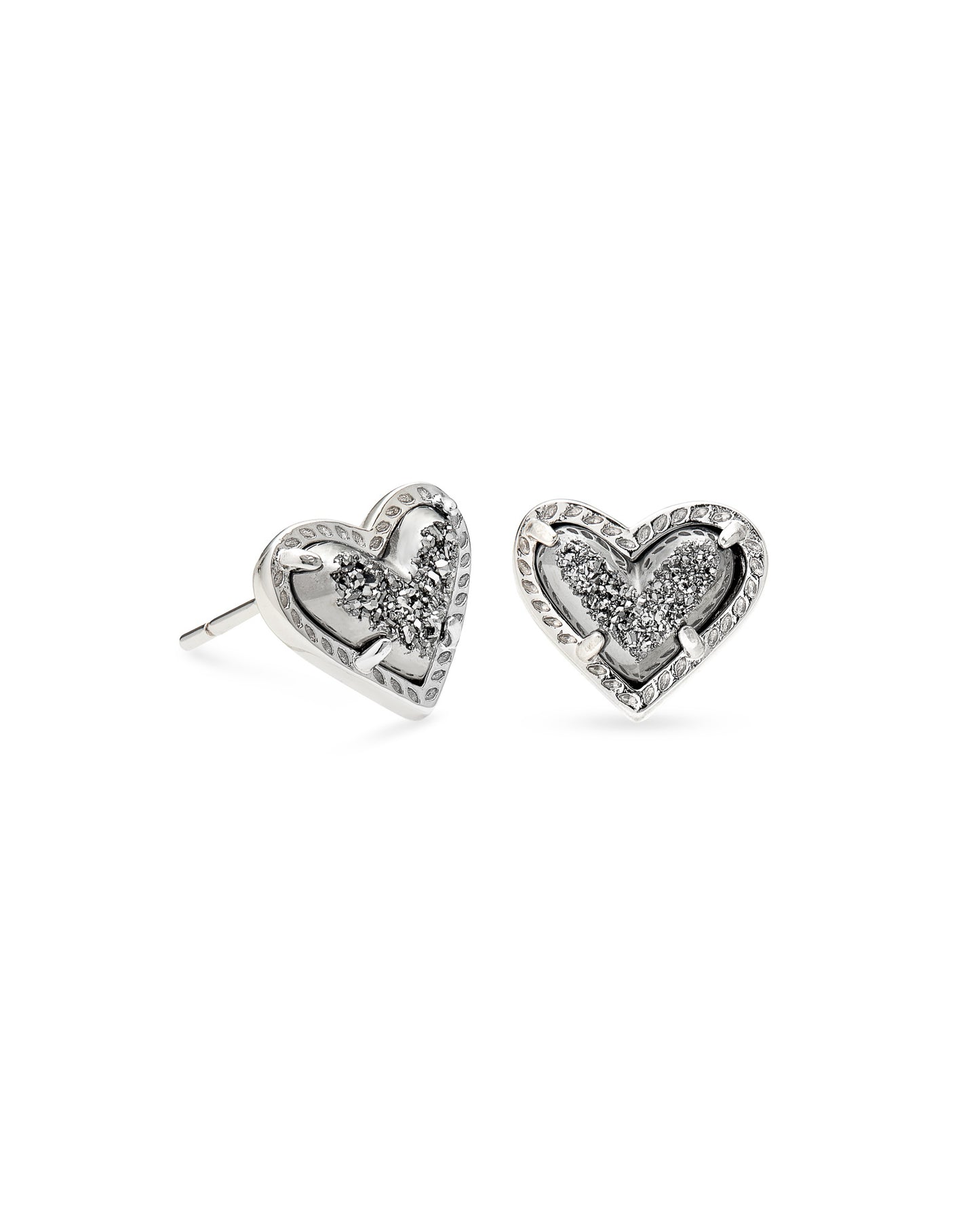 Ari Heart Silver Stud Earrings In Platinum Drusy